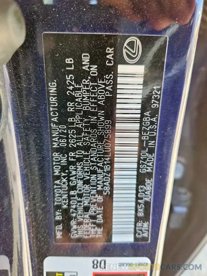 12 fotografías del automóvil dañado 58ADZ1B14LU075899 LEXUS ES350 2020
