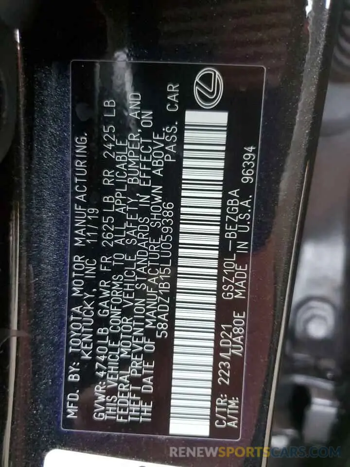 12 fotografías del automóvil dañado 58ADZ1B15LU059386 LEXUS ES350 2020