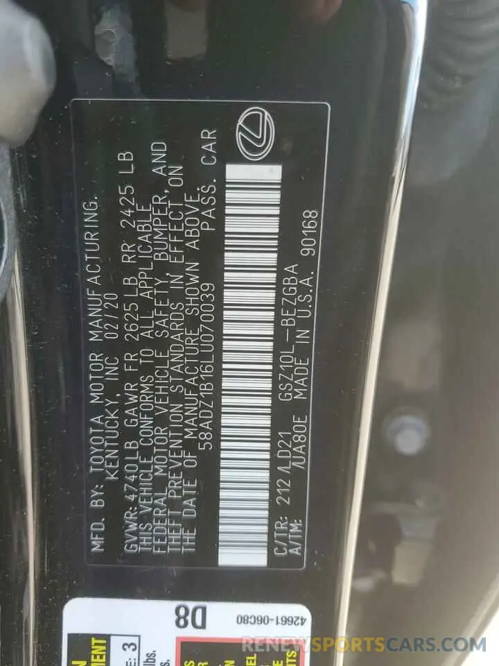 13 fotografías del automóvil dañado 58ADZ1B16LU070039 LEXUS ES350 2020