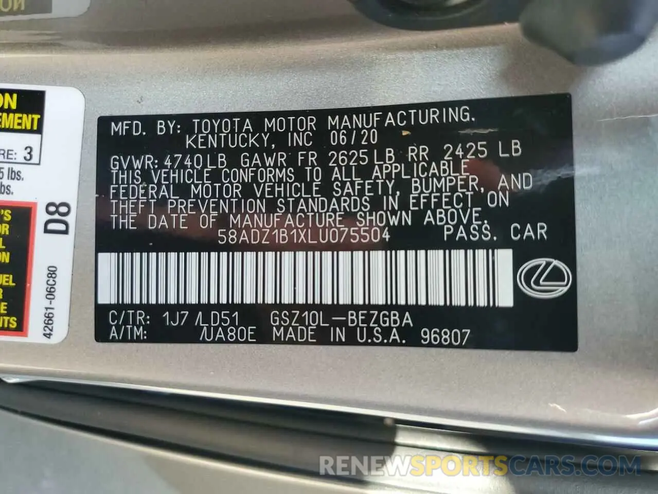 13 fotografías del automóvil dañado 58ADZ1B1XLU075504 LEXUS ES350 2020