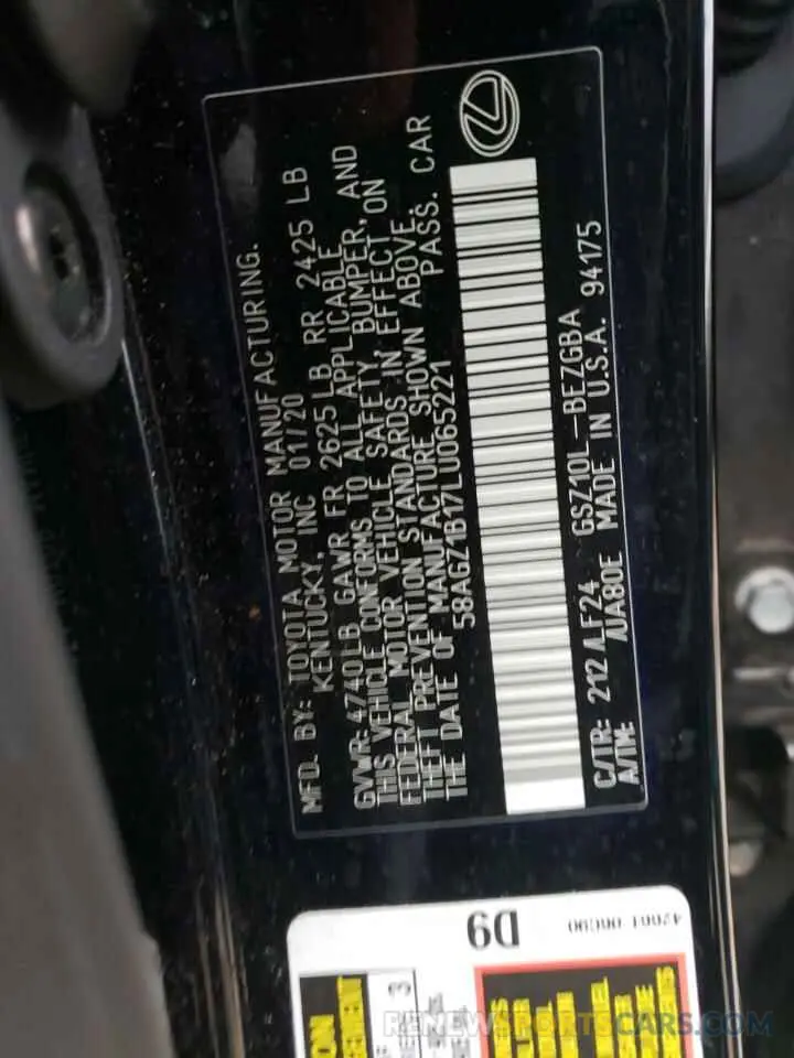 10 fotografías del automóvil dañado 58AGZ1B17LU065221 LEXUS ES350 2020