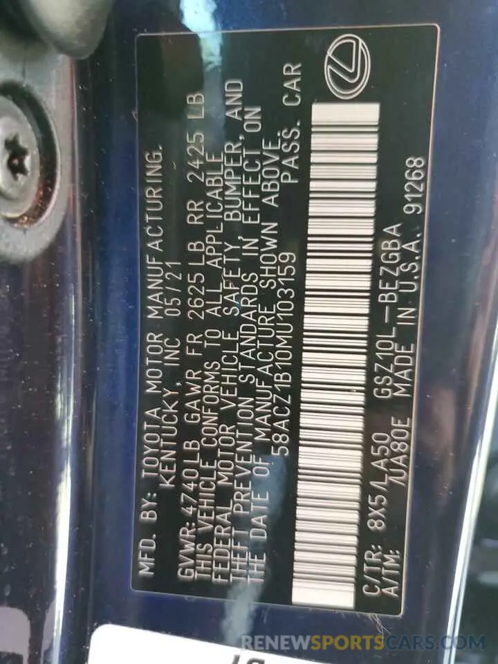 12 fotografías del automóvil dañado 58ACZ1B10MU103159 LEXUS ES350 2021