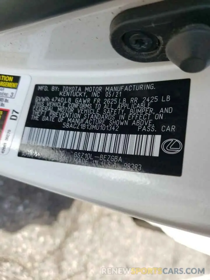 10 fotografías del automóvil dañado 58ACZ1B13MU101342 LEXUS ES350 2021