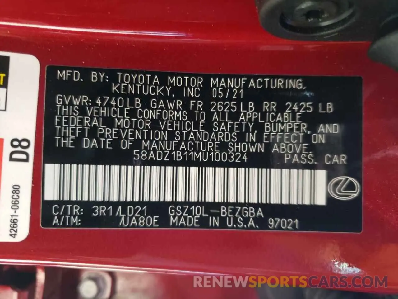 10 fotografías del automóvil dañado 58ADZ1B11MU100324 LEXUS ES350 2021