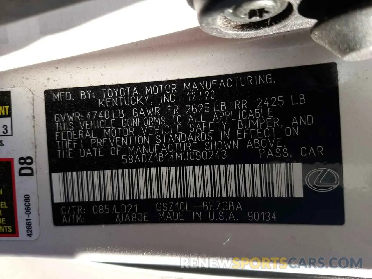 10 fotografías del automóvil dañado 58ADZ1B14MU090243 LEXUS ES350 2021