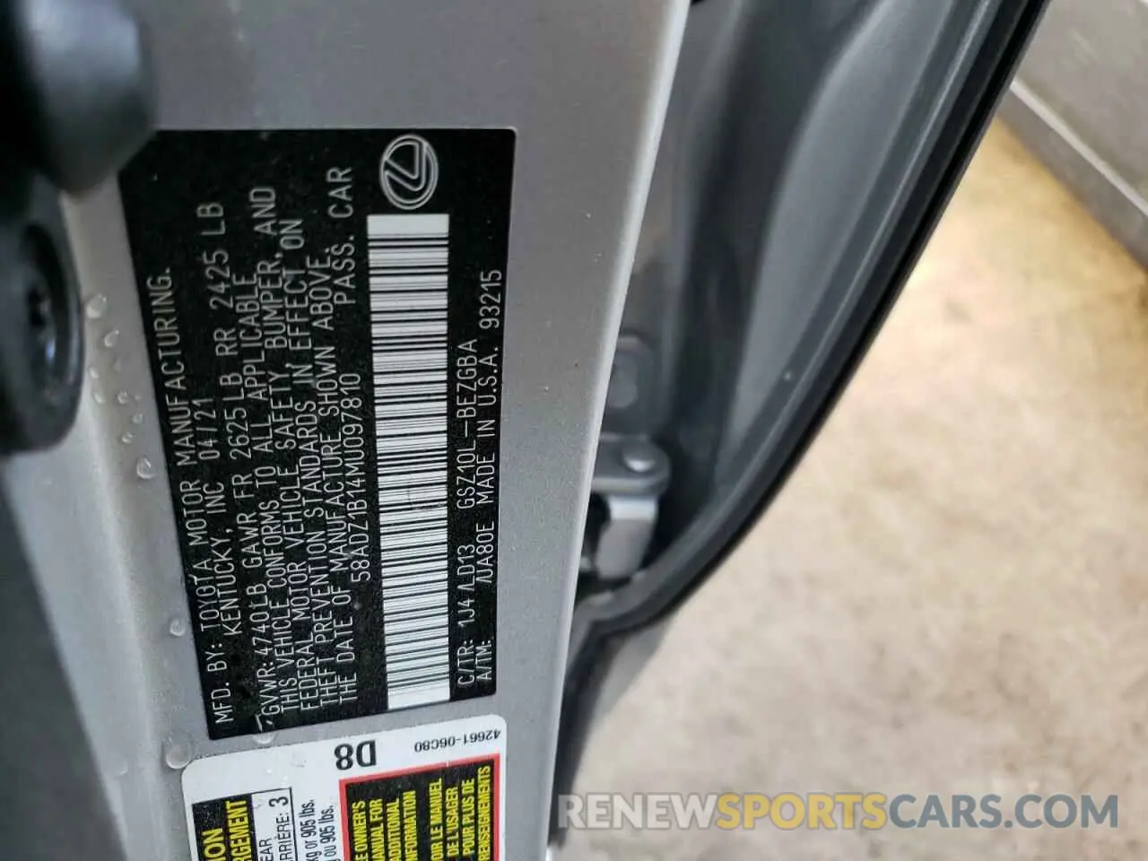 10 fotografías del automóvil dañado 58ADZ1B14MU097810 LEXUS ES350 2021