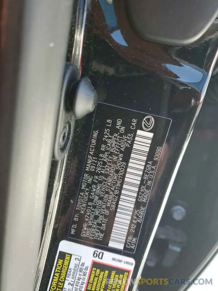 13 fotografías del automóvil dañado 58AGZ1B11MU110039 LEXUS ES350 2021