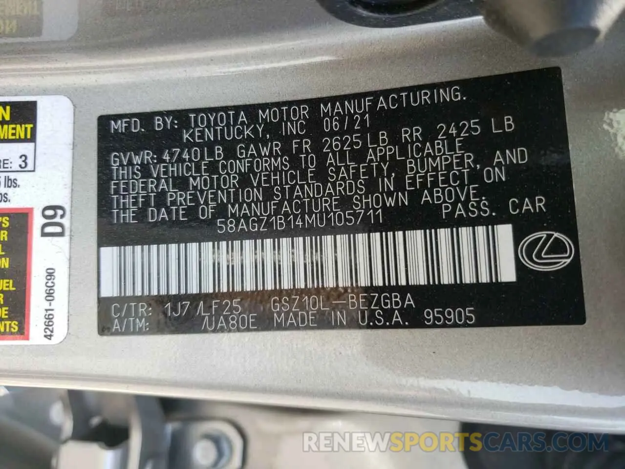10 fotografías del automóvil dañado 58AGZ1B14MU105711 LEXUS ES350 2021
