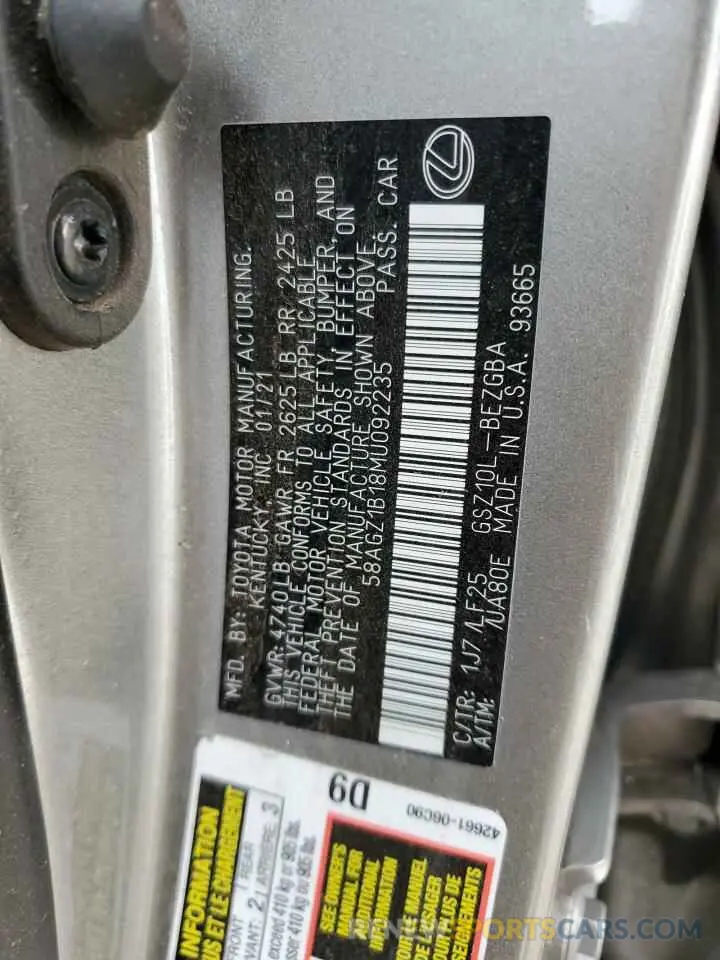 12 fotografías del automóvil dañado 58AGZ1B18MU092235 LEXUS ES350 2021