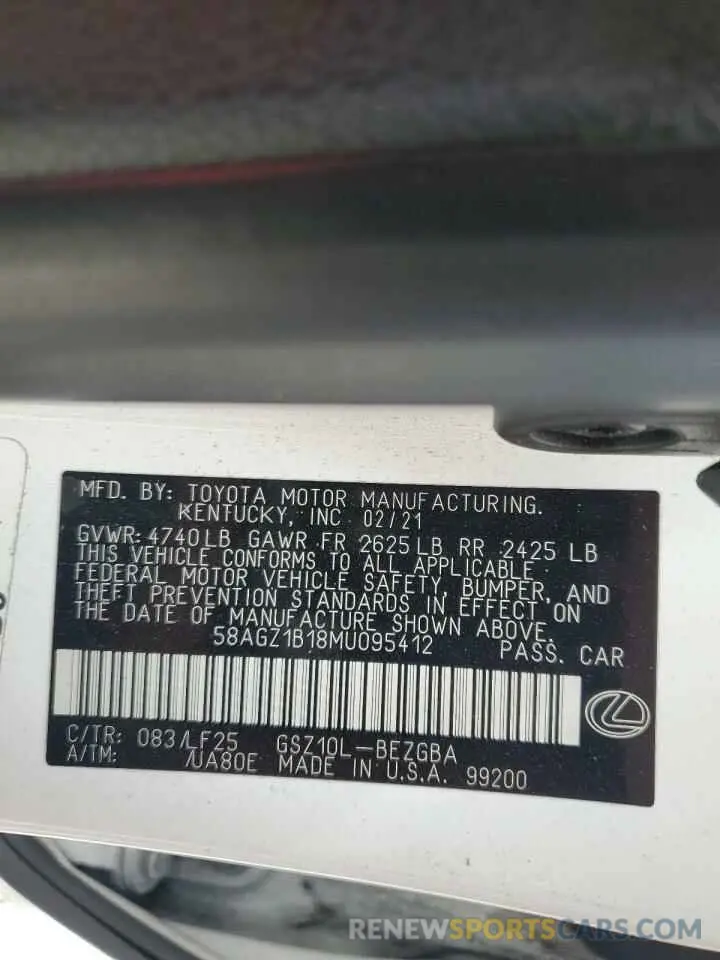 12 fotografías del automóvil dañado 58AGZ1B18MU095412 LEXUS ES350 2021