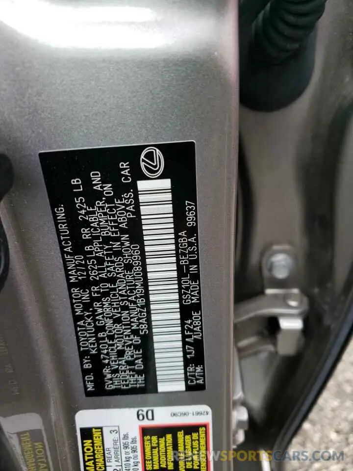 10 fotografías del automóvil dañado 58AGZ1B19MU089960 LEXUS ES350 2021