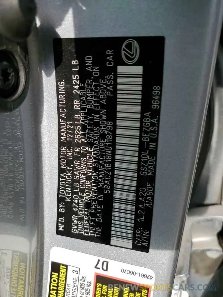 13 fotografías del automóvil dañado 58ACZ1B18NU118798 LEXUS ES350 2022