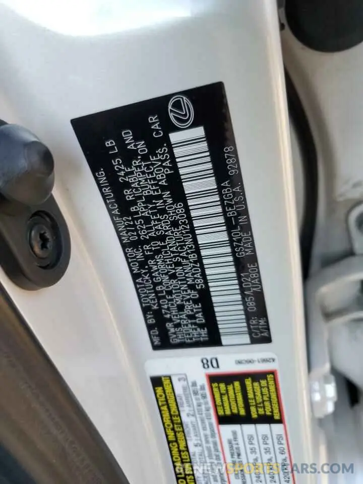 12 fotografías del automóvil dañado 58ADZ1B13NU123086 LEXUS ES350 2022