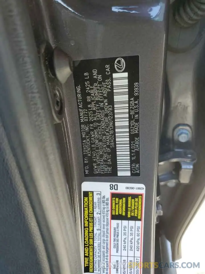 14 fotografías del automóvil dañado 58ADZ1B13NU123783 LEXUS ES350 2022