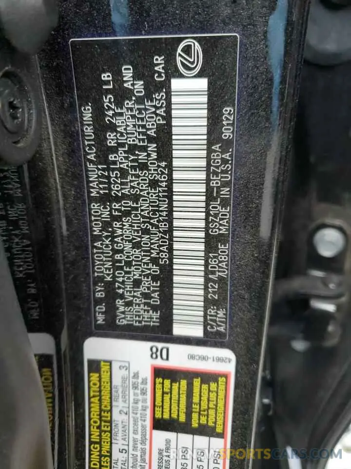 13 fotografías del automóvil dañado 58ADZ1B14NU114624 LEXUS ES350 2022