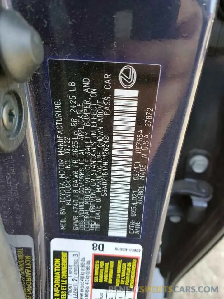 12 fotografías del automóvil dañado 58ADZ1B17NU126248 LEXUS ES350 2022