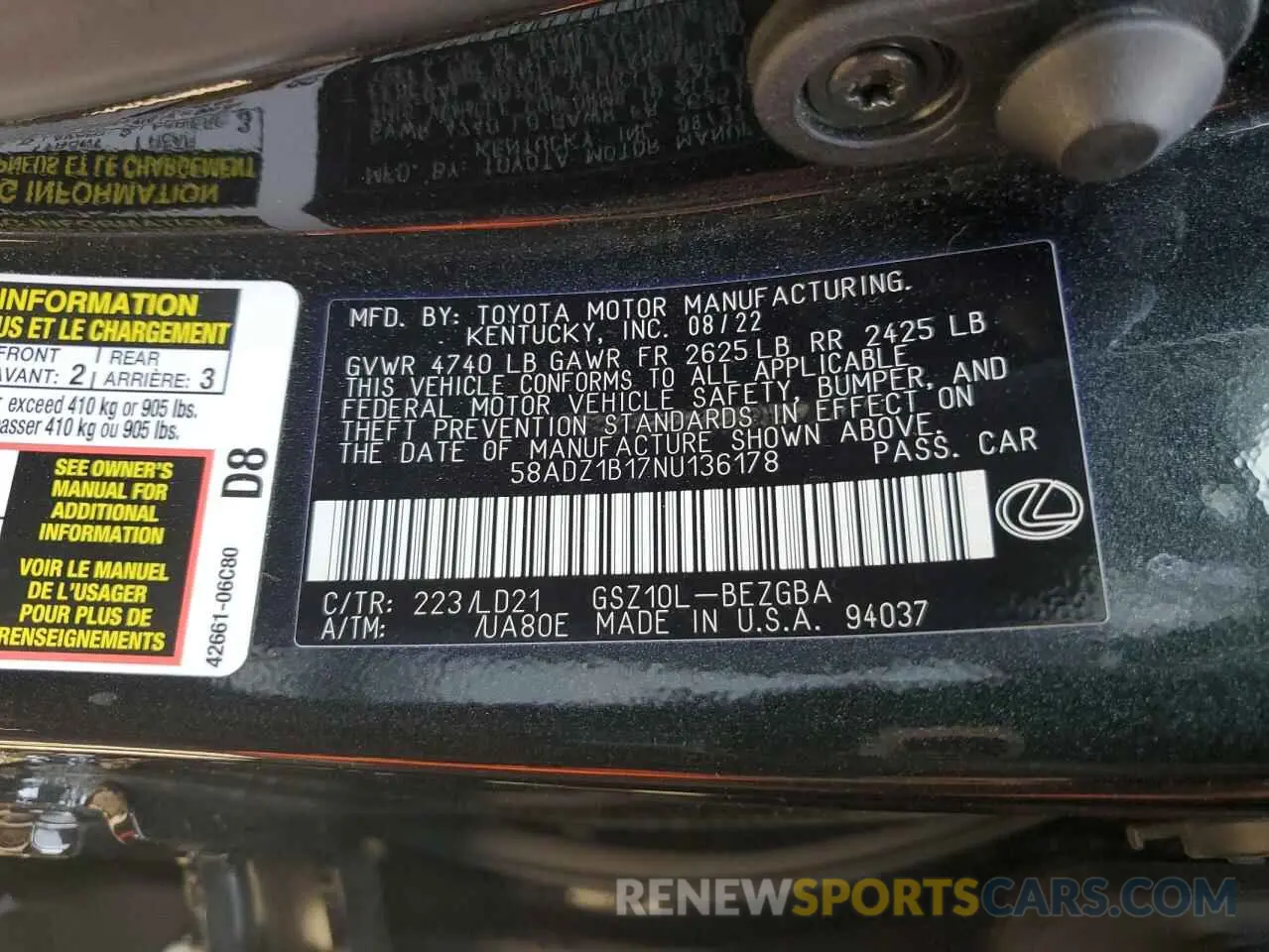 12 fotografías del automóvil dañado 58ADZ1B17NU136178 LEXUS ES350 2022