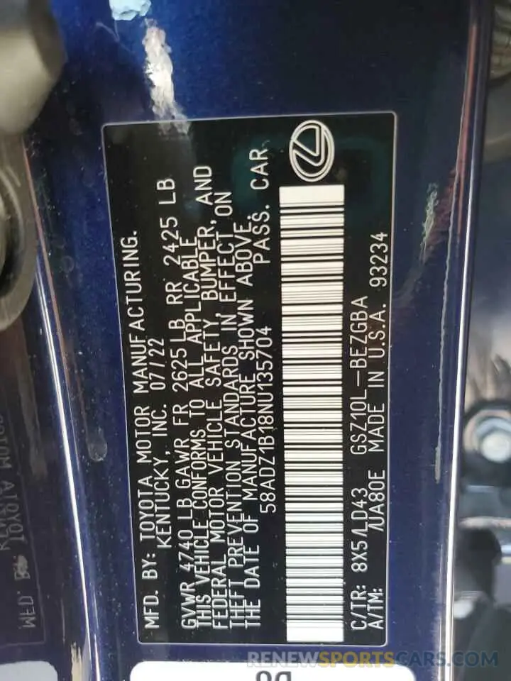 12 fotografías del automóvil dañado 58ADZ1B18NU135704 LEXUS ES350 2022