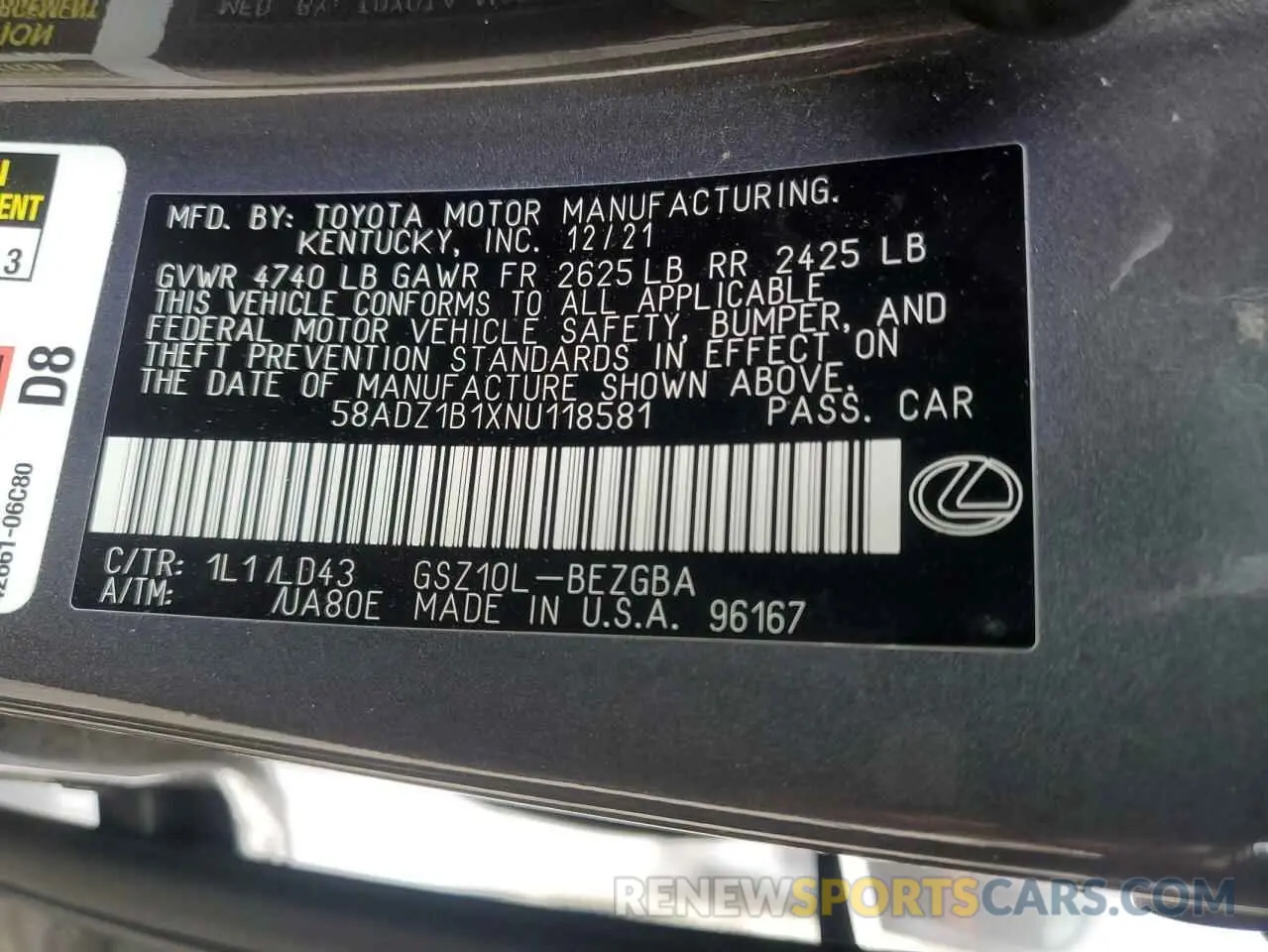 12 fotografías del automóvil dañado 58ADZ1B1XNU118581 LEXUS ES350 2022