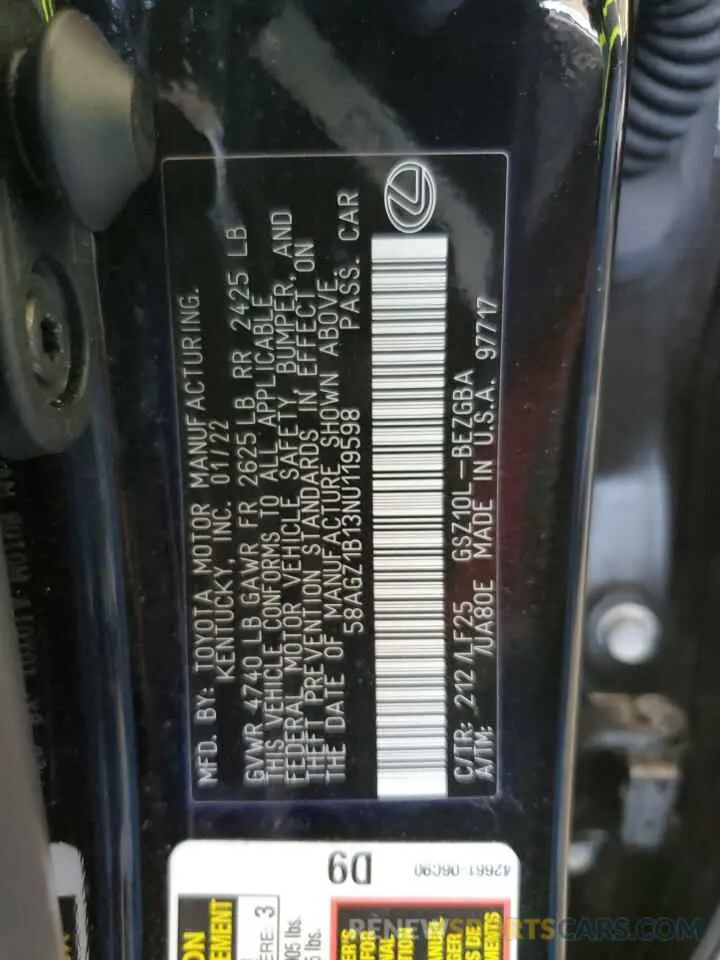 12 fotografías del automóvil dañado 58AGZ1B13NU119598 LEXUS ES350 2022