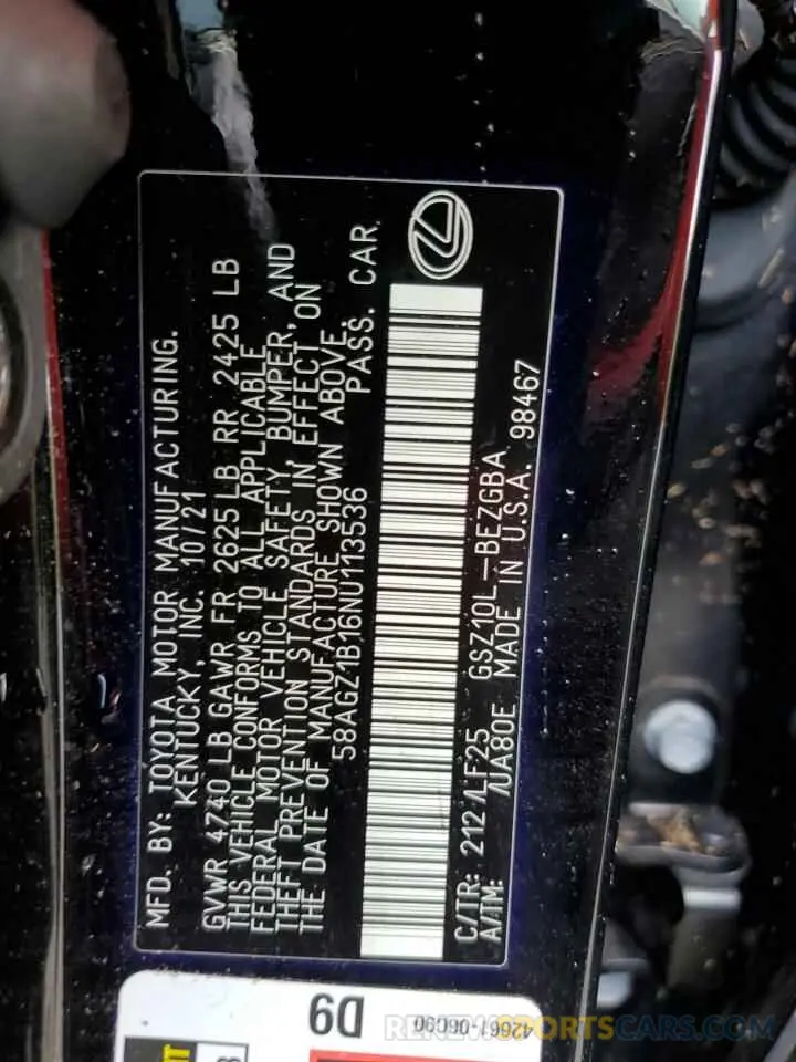 13 fotografías del automóvil dañado 58AGZ1B16NU113536 LEXUS ES350 2022