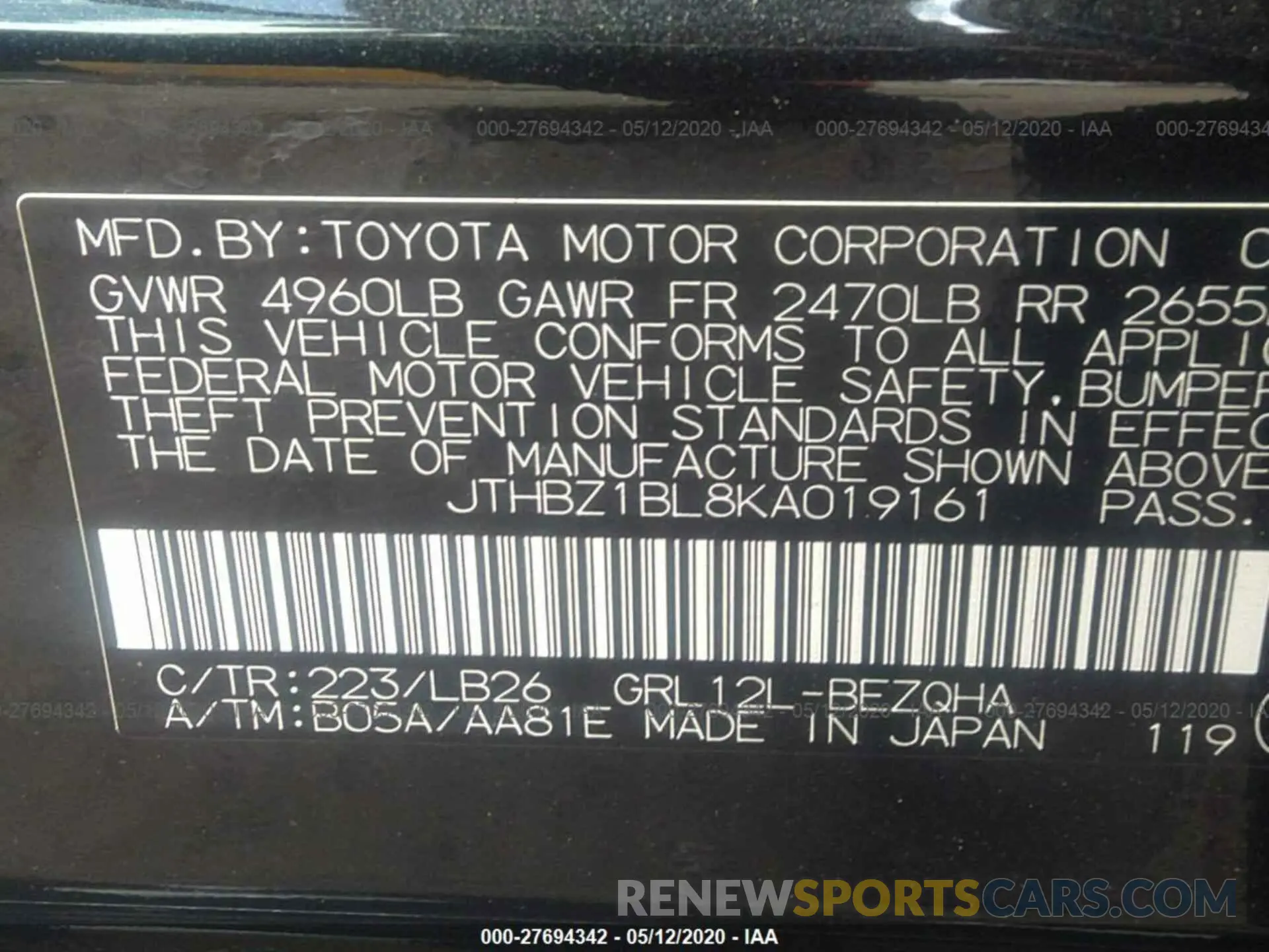 9 fotografías del automóvil dañado JTHBZ1BL8KA019161 LEXUS GS 2019