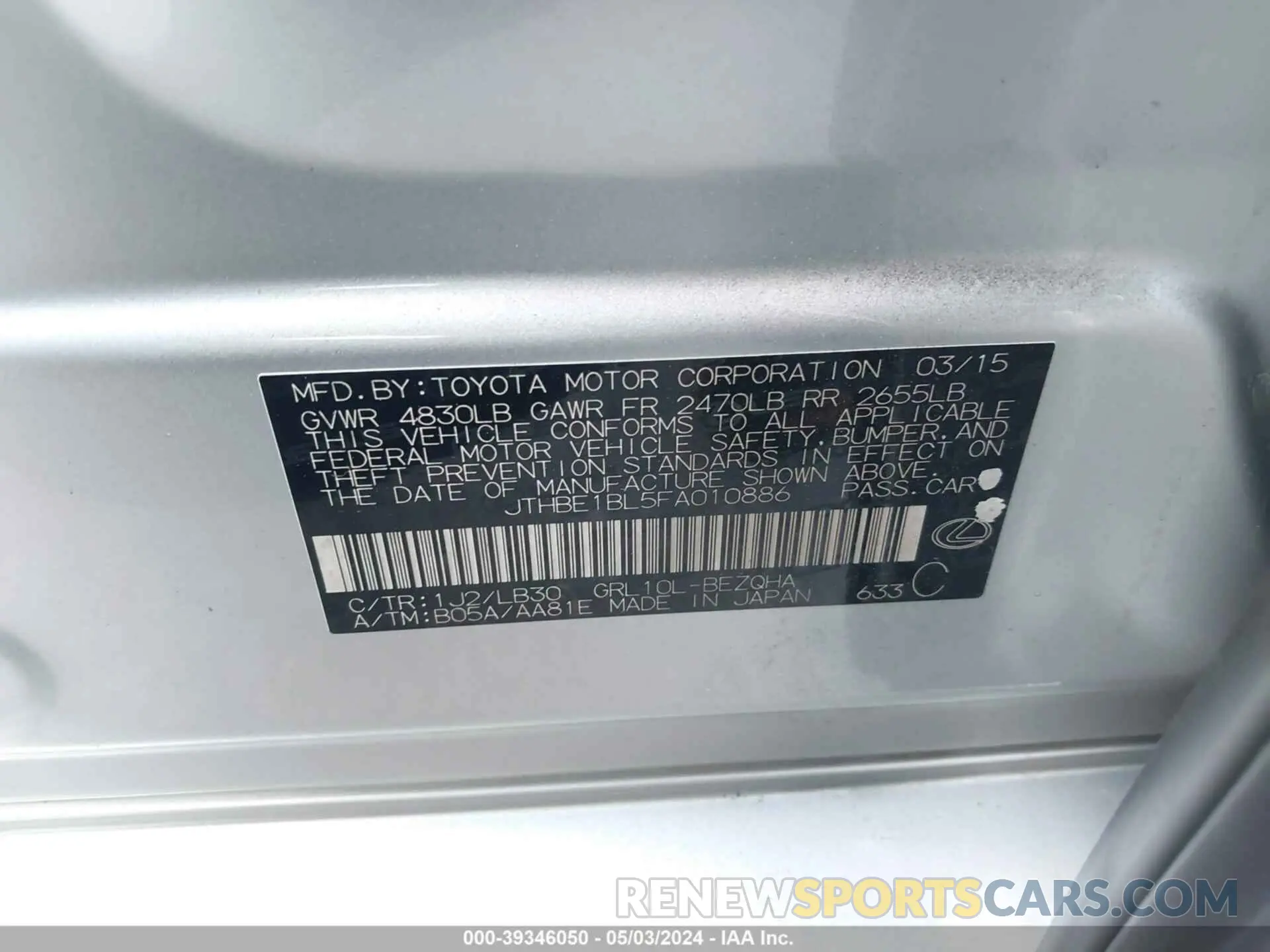 9 fotografías del automóvil dañado JTHBE1BL5FA010886 LEXUS GS 350 2015