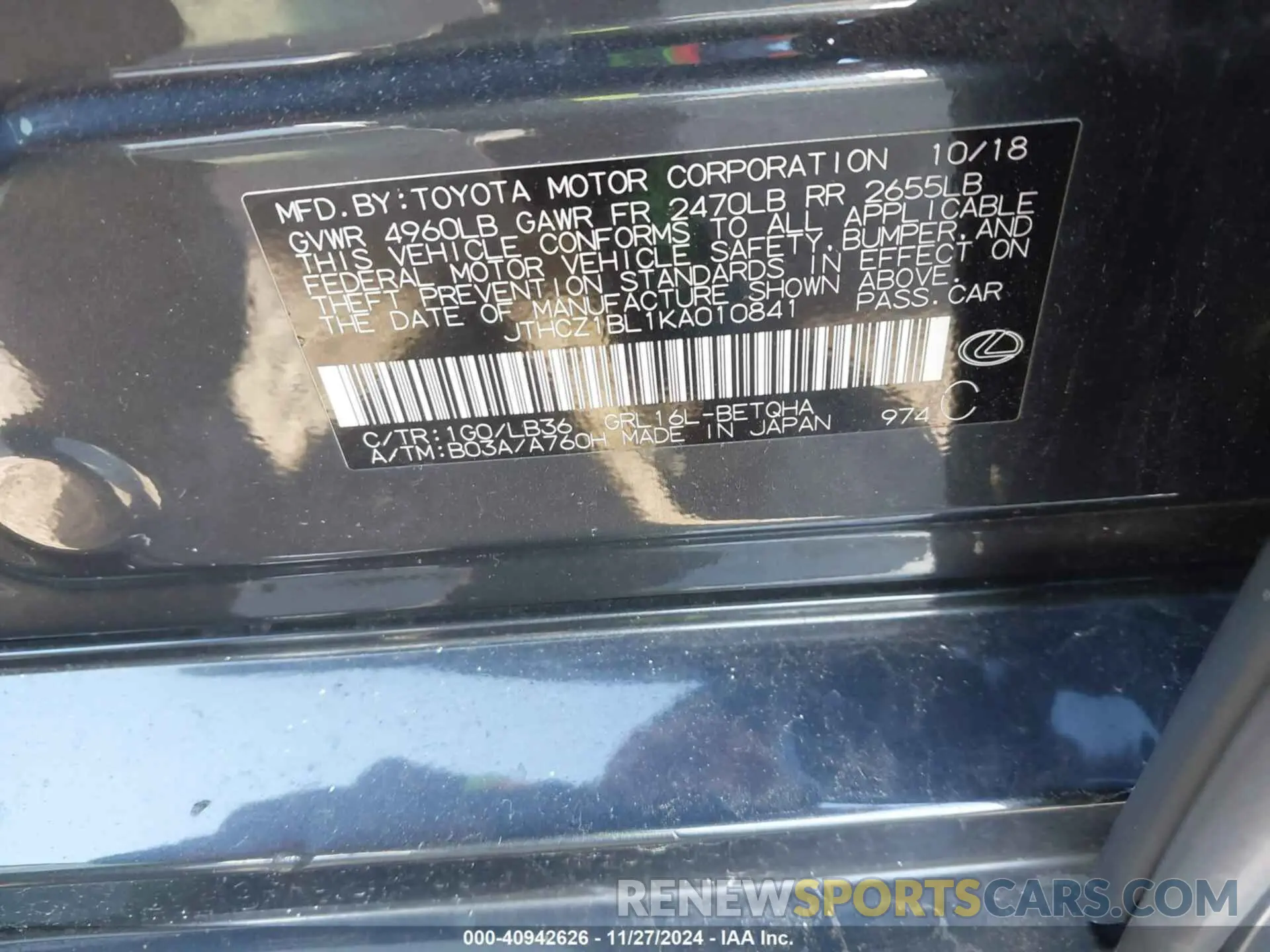 9 fotografías del automóvil dañado JTHCZ1BL1KA010841 LEXUS GS 350 2019