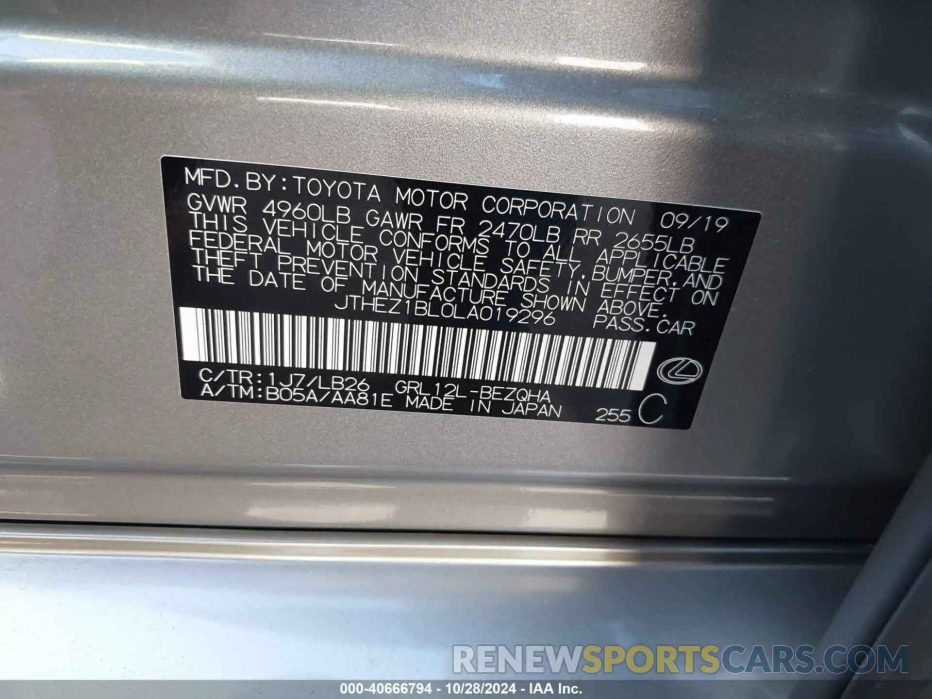 9 fotografías del automóvil dañado JTHEZ1BL0LA019296 LEXUS GS 350 2020