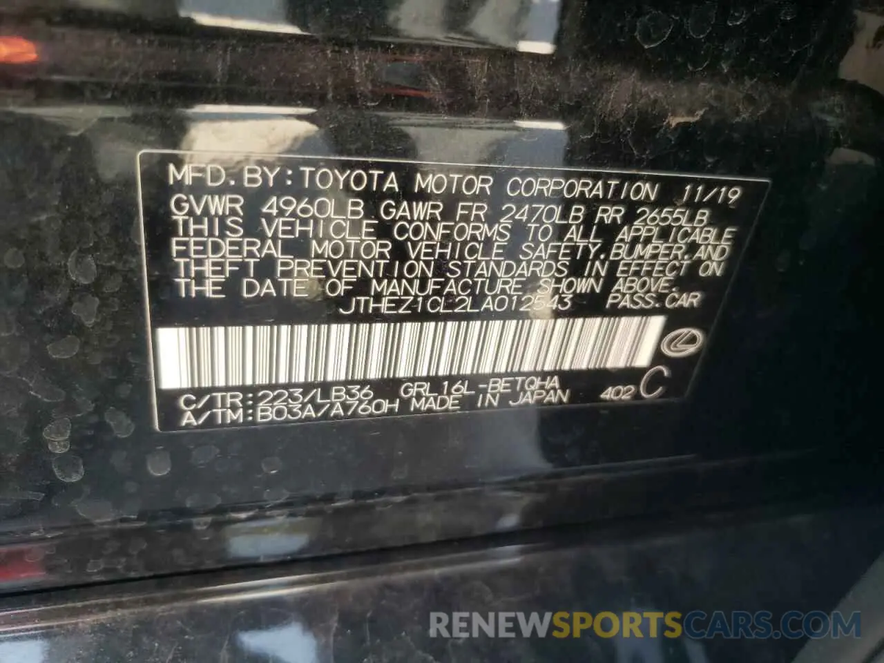 12 fotografías del automóvil dañado JTHEZ1CL2LA012543 LEXUS GS 350 F S 2020