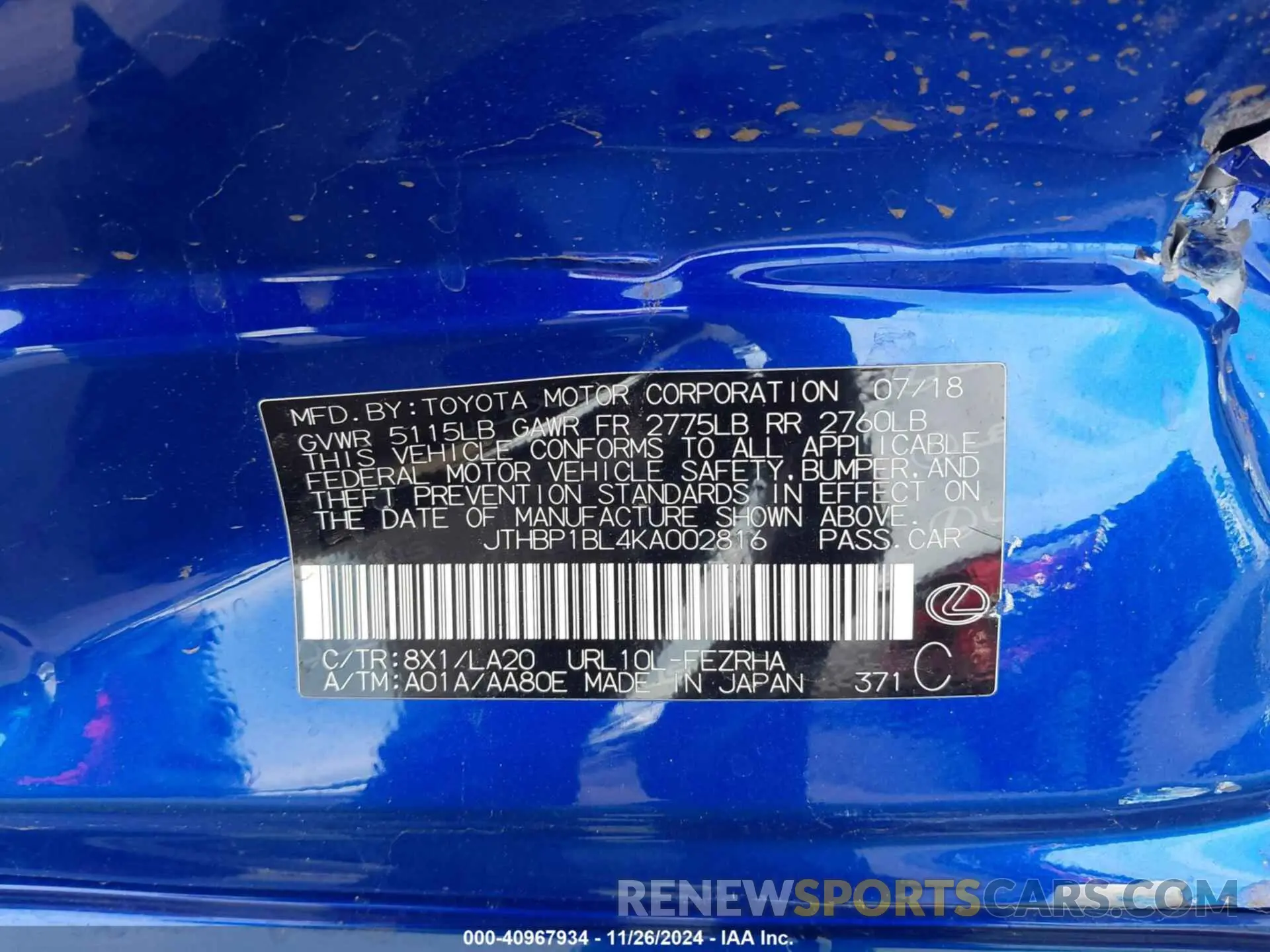 9 fotografías del automóvil dañado JTHBP1BL4KA002816 LEXUS GS F 2019
