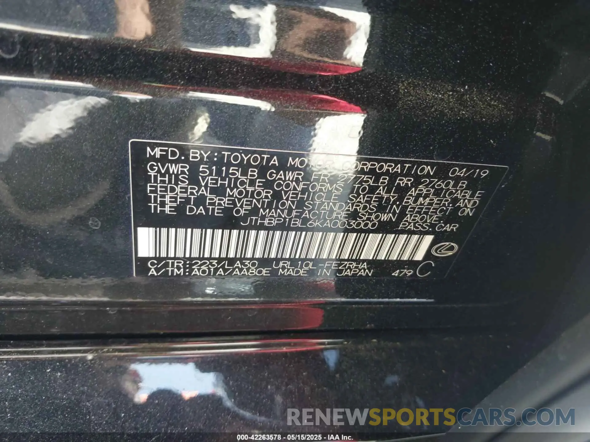 9 fotografías del automóvil dañado JTHBP1BL6KA003000 LEXUS GS F 2019