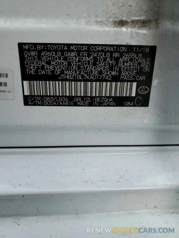 12 fotografías del automóvil dañado JTHBZ1BL7KA017742 LEXUS GS350 2019