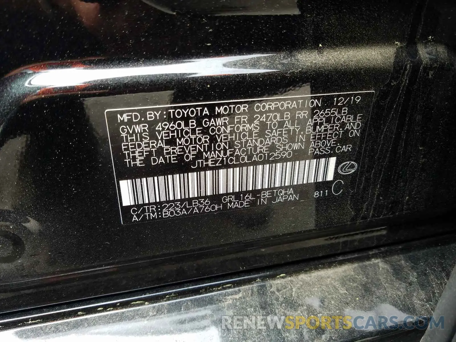 10 fotografías del automóvil dañado JTHEZ1CL0LA012590 LEXUS GS350 2020