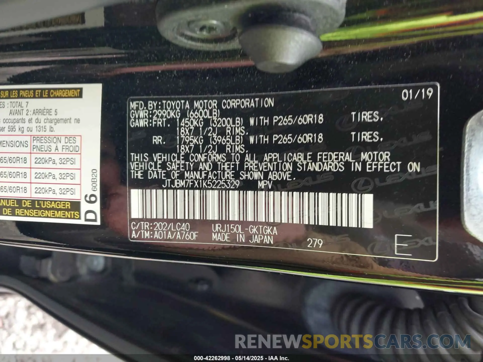 9 fotografías del automóvil dañado JTJBM7FX1K5225329 LEXUS GX 460 2019