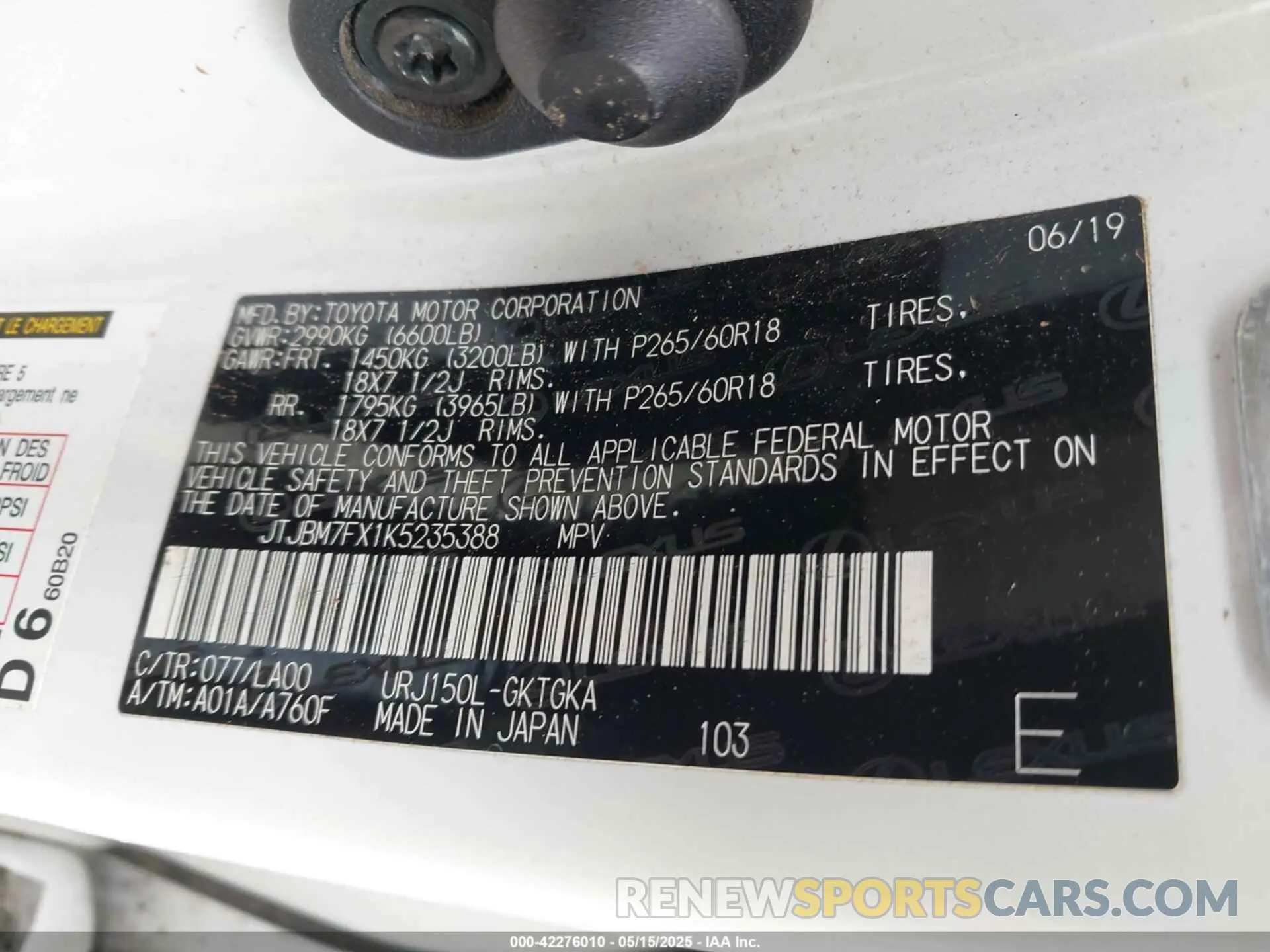 9 fotografías del automóvil dañado JTJBM7FX1K5235388 LEXUS GX 460 2019