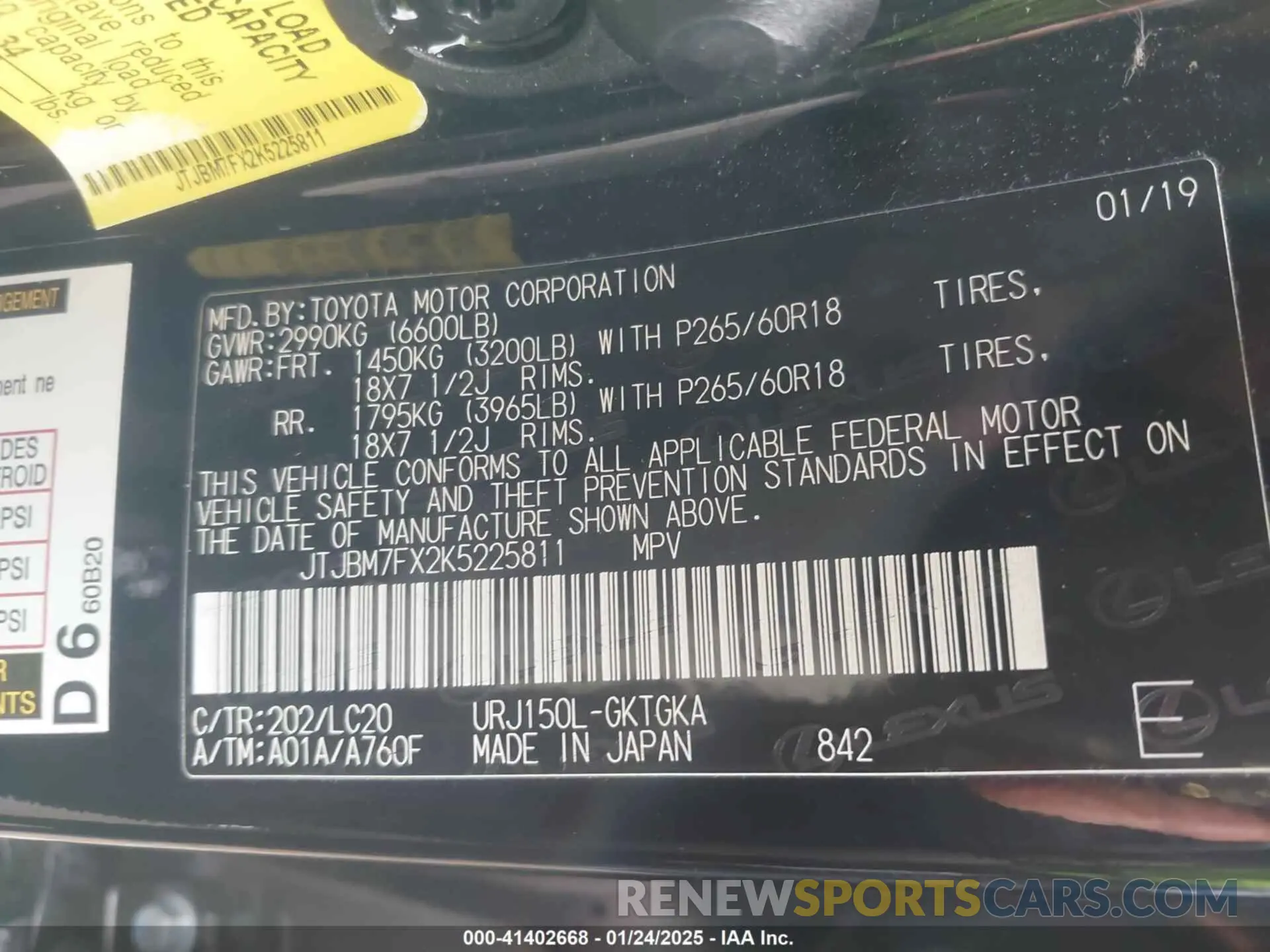 9 fotografías del automóvil dañado JTJBM7FX2K5225811 LEXUS GX 460 2019