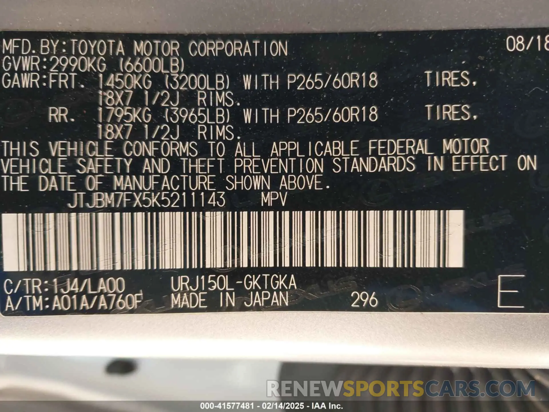 9 fotografías del automóvil dañado JTJBM7FX5K5211143 LEXUS GX 460 2019