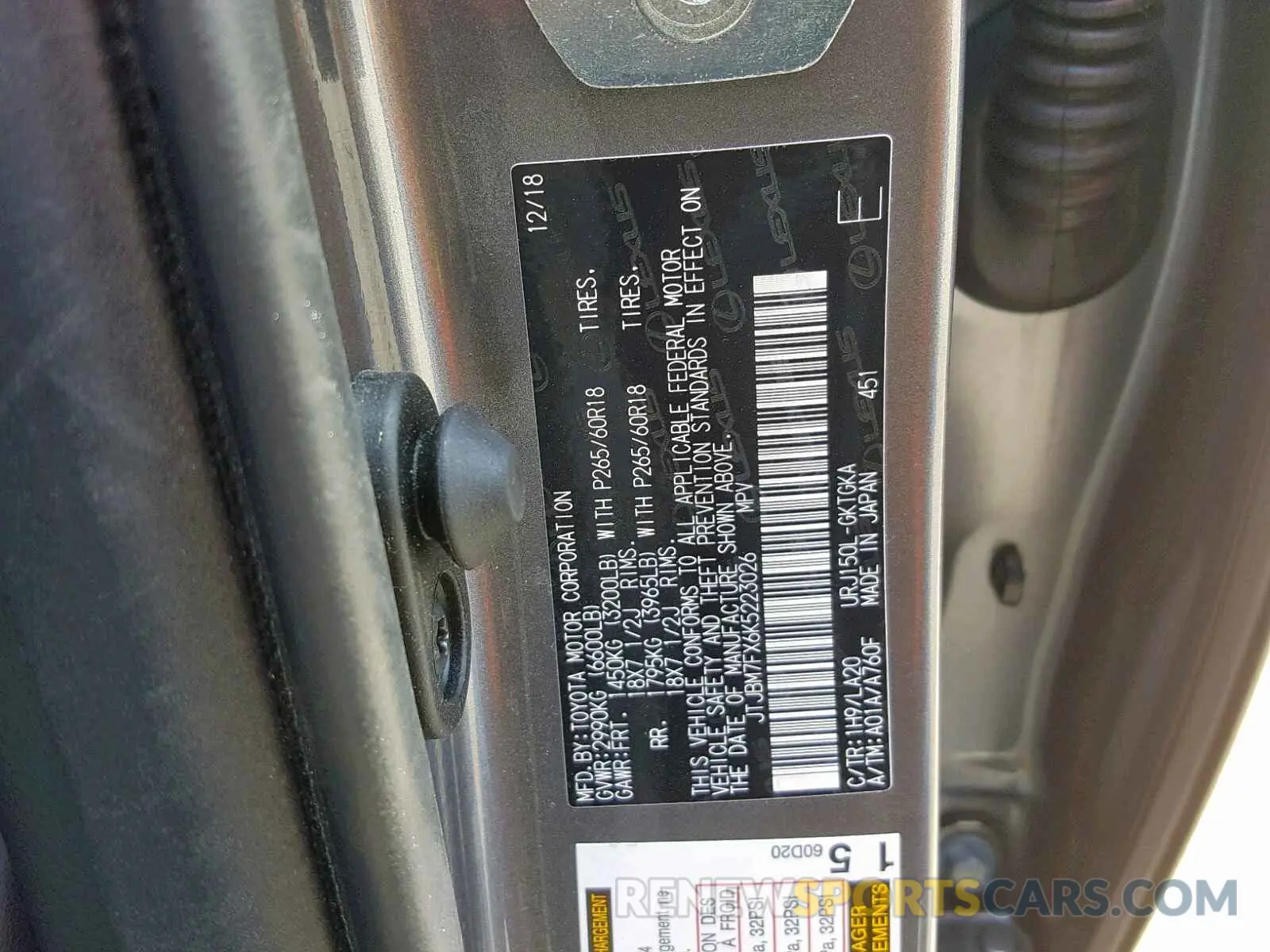 10 fotografías del automóvil dañado JTJBM7FX6K5223026 LEXUS GX 460 2019