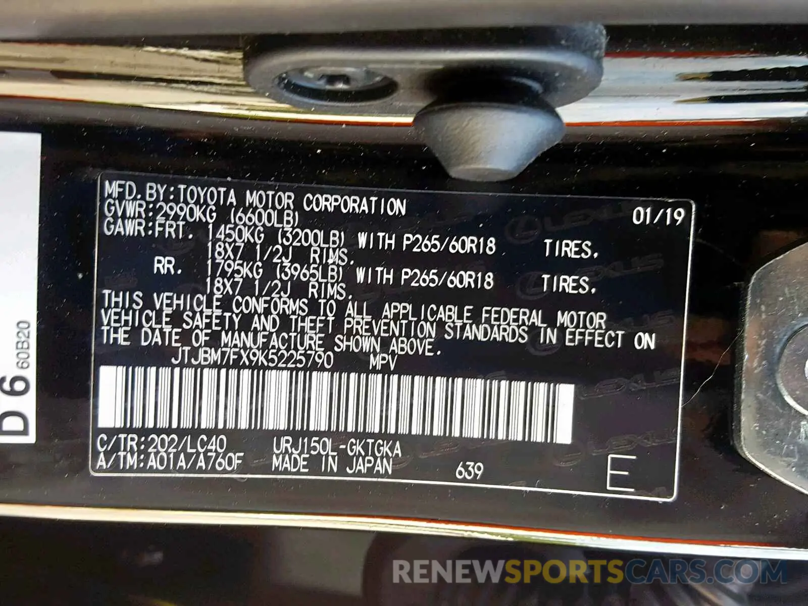 10 fotografías del automóvil dañado JTJBM7FX9K5225790 LEXUS GX 460 2019
