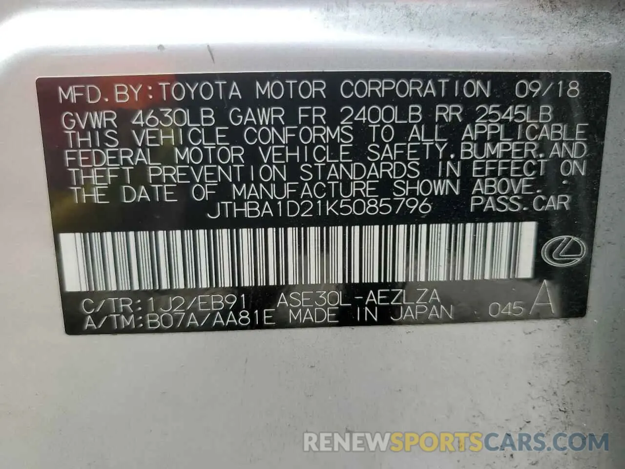 12 fotografías del automóvil dañado JTHBA1D21K5085796 LEXUS IS 2019