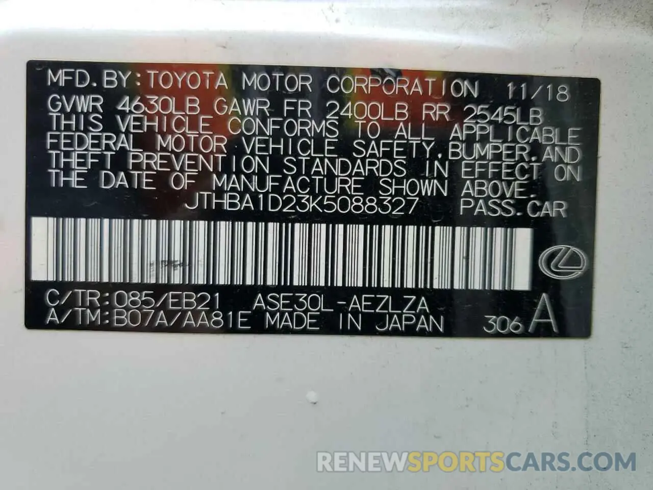 12 fotografías del automóvil dañado JTHBA1D23K5088327 LEXUS IS 2019