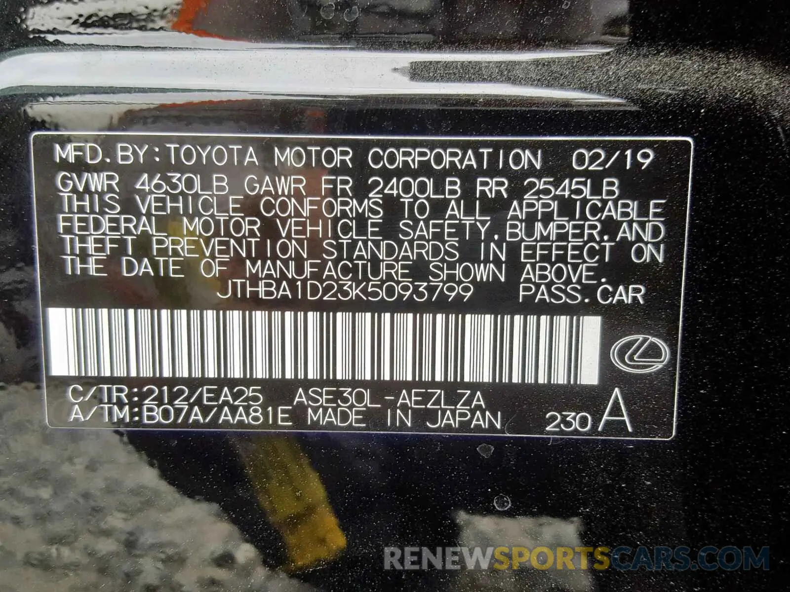 10 fotografías del automóvil dañado JTHBA1D23K5093799 LEXUS IS 2019