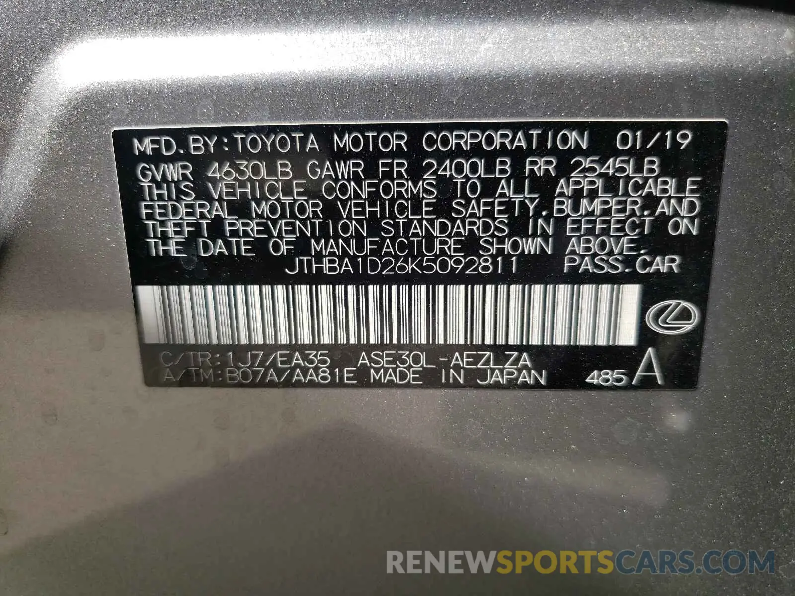 10 fotografías del automóvil dañado JTHBA1D26K5092811 LEXUS IS 2019