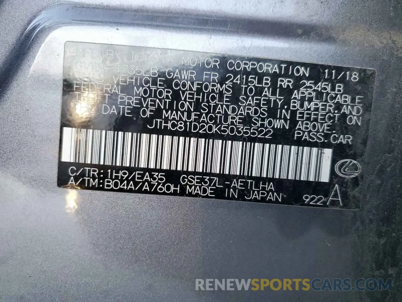 12 fotografías del automóvil dañado JTHC81D20K5035522 LEXUS IS 2019