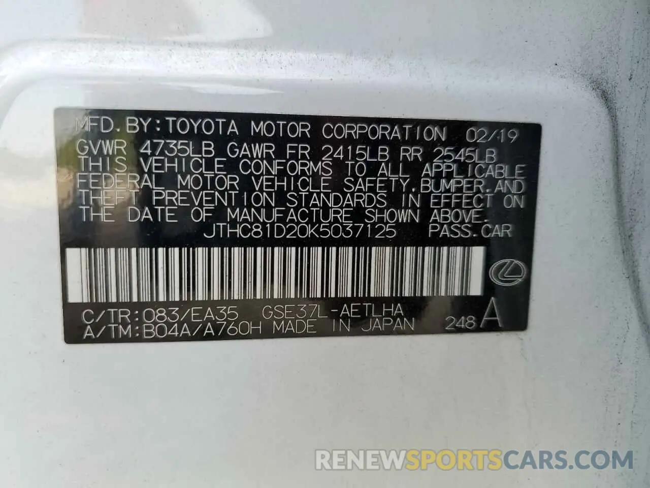 10 fotografías del automóvil dañado JTHC81D20K5037125 LEXUS IS 2019