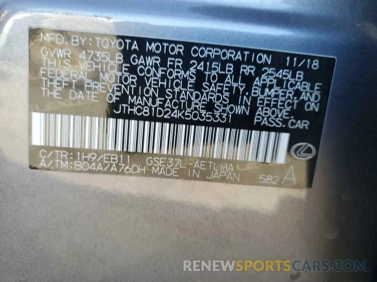 12 fotografías del automóvil dañado JTHC81D24K5035331 LEXUS IS 2019