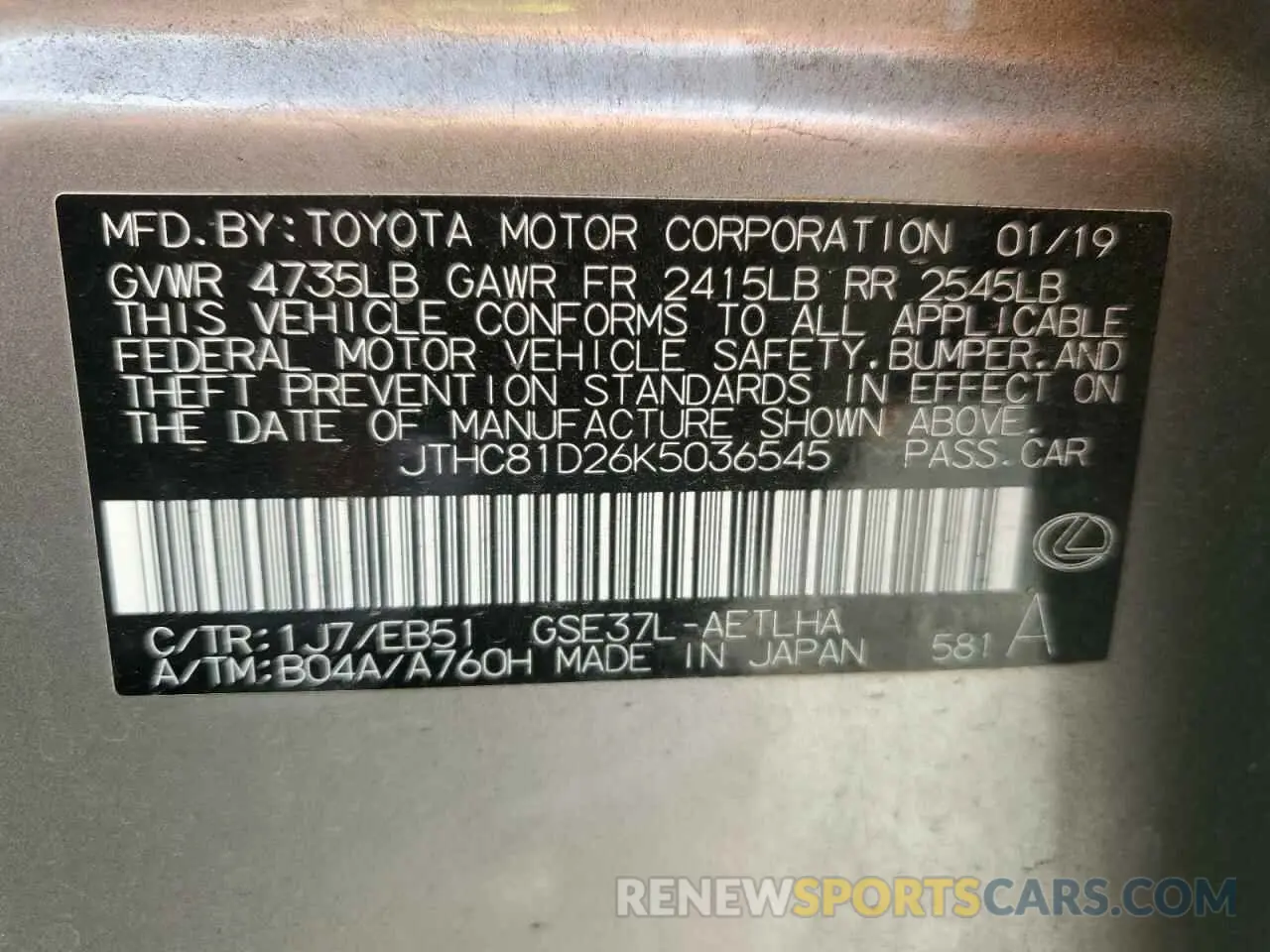 12 fotografías del automóvil dañado JTHC81D26K5036545 LEXUS IS 2019