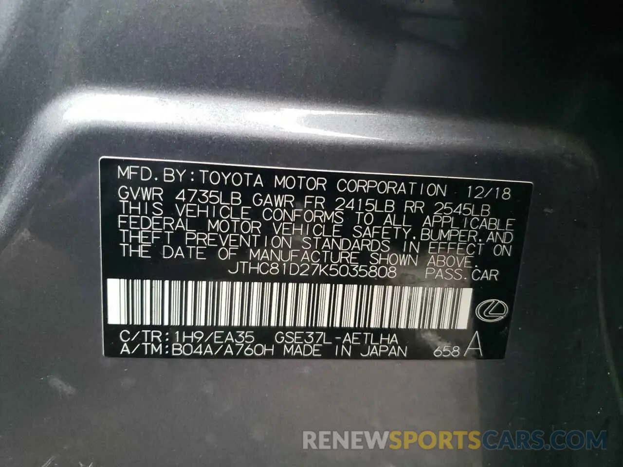 12 fotografías del automóvil dañado JTHC81D27K5035808 LEXUS IS 2019