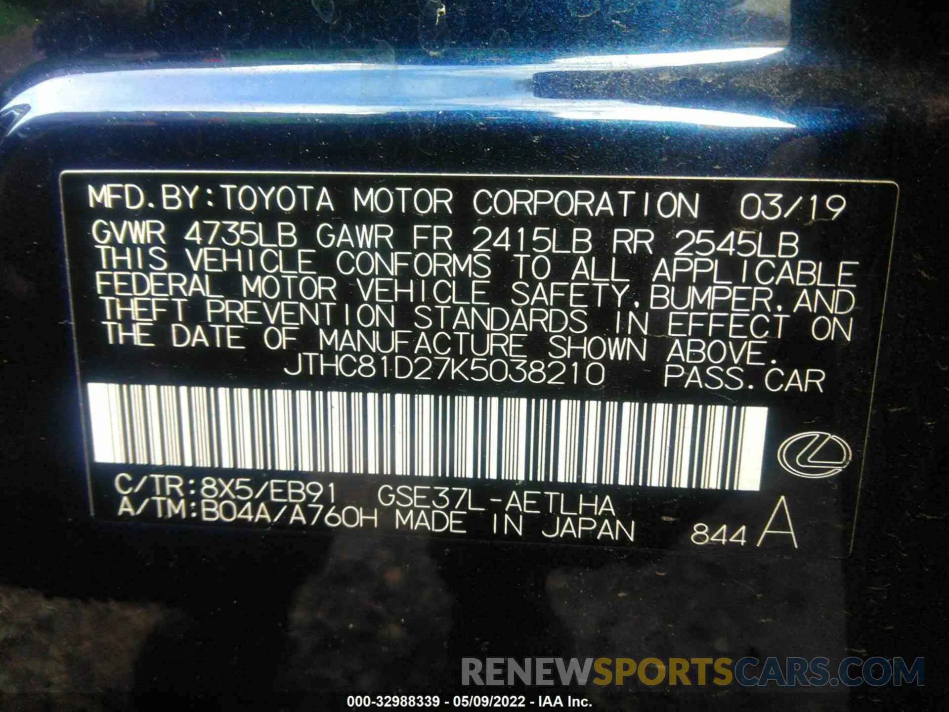 9 fotografías del automóvil dañado JTHC81D27K5038210 LEXUS IS 2019